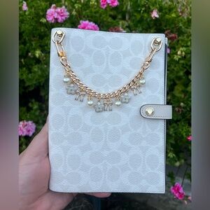 COACH WHITE COATED CANVAS NOTEBOOK WITH CHARM CHAIN